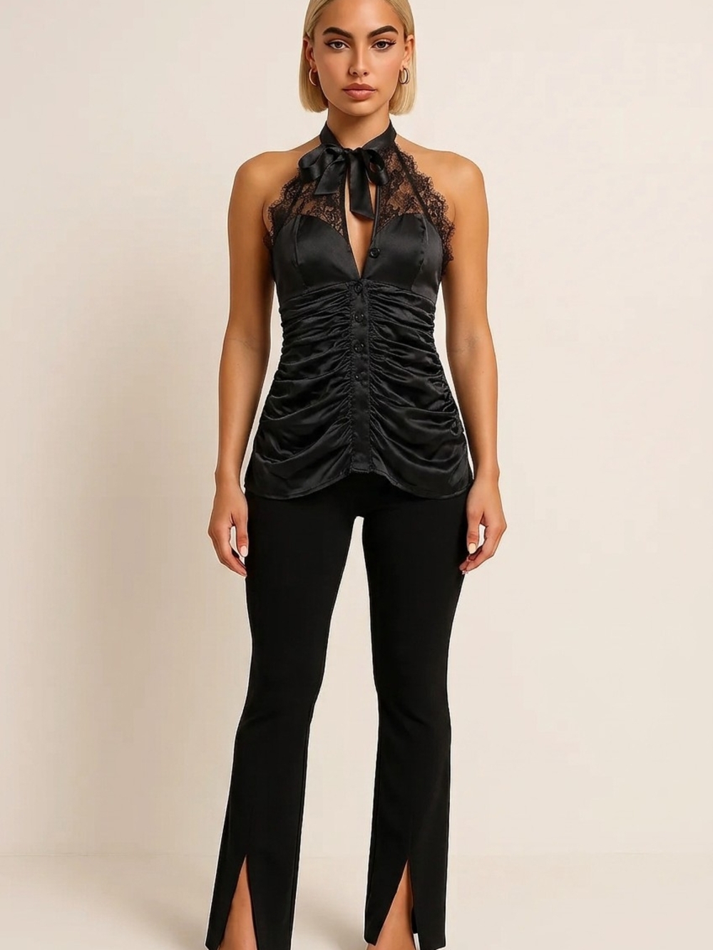 Black Silk Lace Halter Ruched Top By Seduce